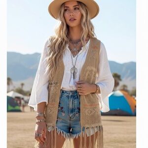 AND THE WHY Boho Crochet Fringe Vest - Tan Embroidered Open Front Cardigan S/M/L